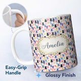 Personalized Custom Name Colorful Watercolor Cats Seamless Pattern Cute Multicolor Kitten 11oz Ceramic Coffee Tea Mug White Large Handle