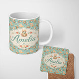 Personalized Custom Name Cute Ginger Kitten with Flowers Basket Seamless Pattern Soft Teal 11oz Ceramic Coffee Tea Mug White Large Handle