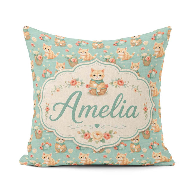 Custom Name Ginger Kitten with Flowers Basket Seamless Soft Teal Square Filled Cushion Throw Pillow Sofa Bed Home Decor Zip Washable UK Made