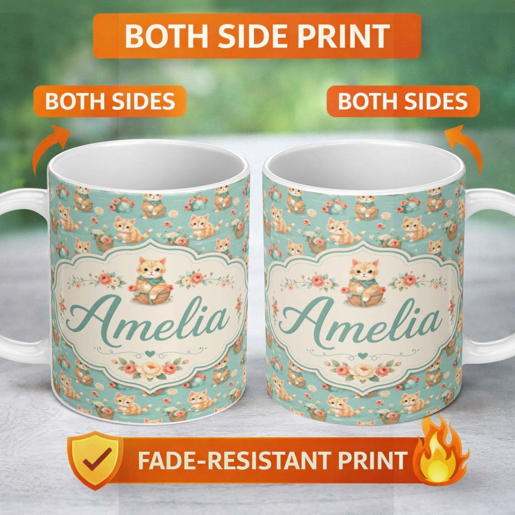 Personalized Custom Name Cute Ginger Kitten with Flowers Basket Seamless Pattern Soft Teal 11oz Ceramic Coffee Tea Mug White Large Handle