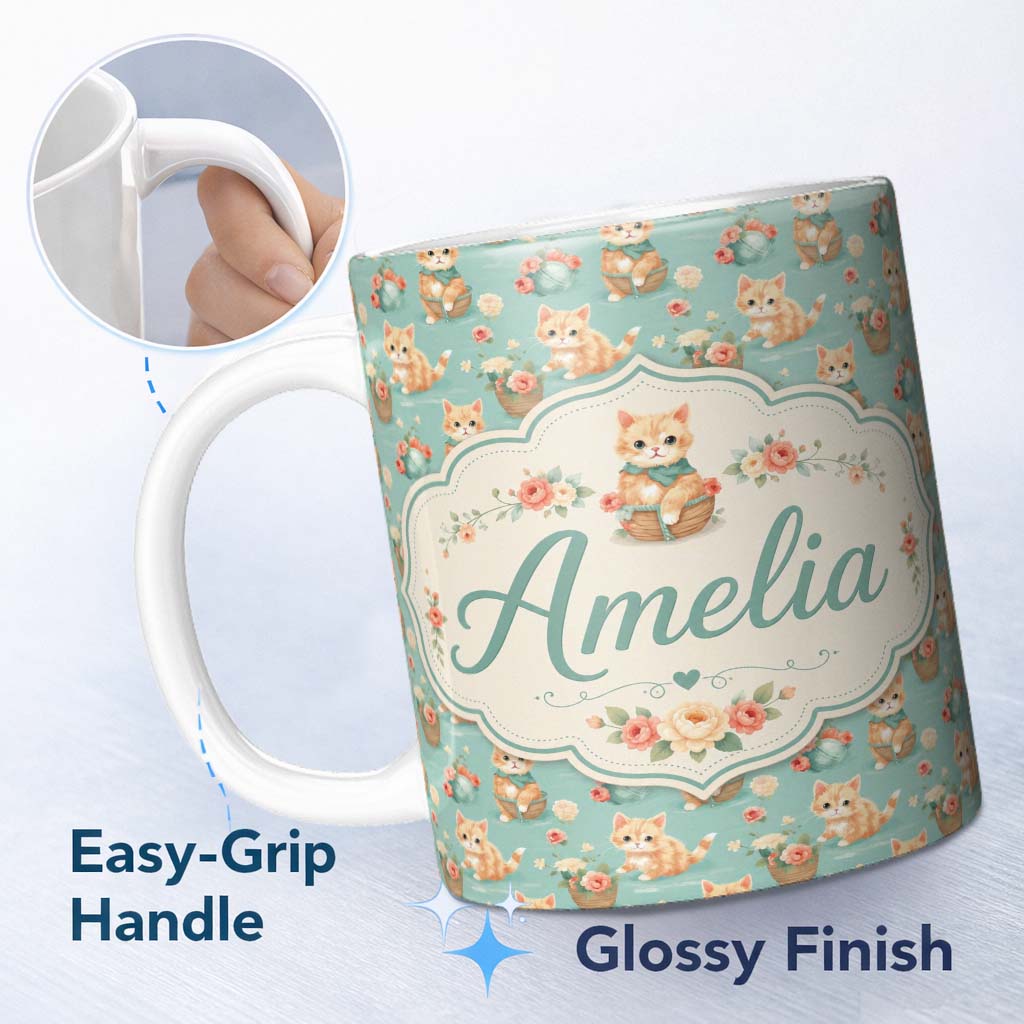 Personalized Custom Name Cute Ginger Kitten with Flowers Basket Seamless Pattern Soft Teal 11oz Ceramic Coffee Tea Mug White Large Handle