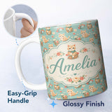 Personalized Custom Name Cute Ginger Kitten with Flowers Basket Seamless Pattern Soft Teal 11oz Ceramic Coffee Tea Mug White Large Handle