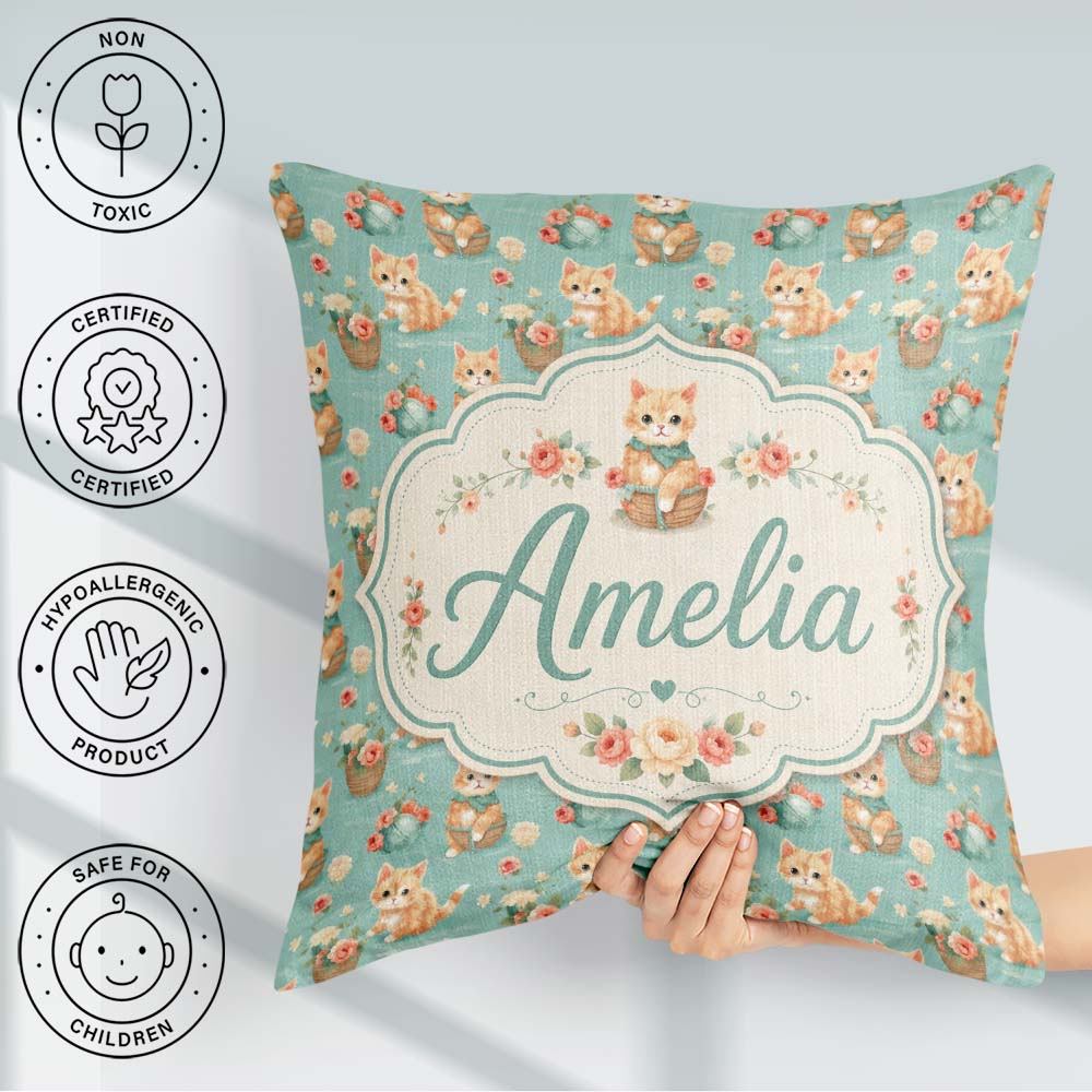Custom Name Ginger Kitten with Flowers Basket Seamless Soft Teal Square Filled Cushion Throw Pillow Sofa Bed Home Decor Zip Washable UK Made