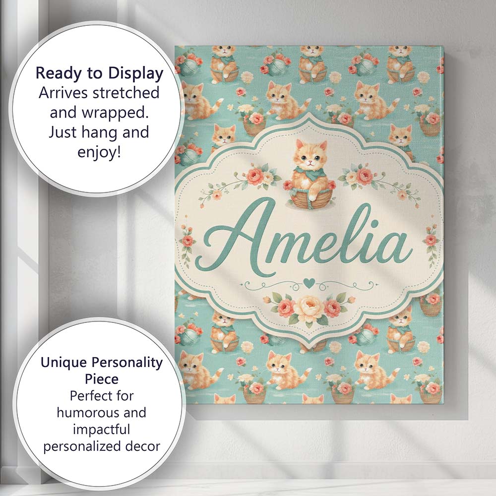 Personalised Name Cute Ginger Kitten with Custom  Unique Gift Idea Elegant Feature Canvas Wall Art Print Decor Picture Ready to Hang