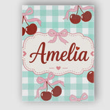 Personalised Name Cherry Bow Ribbon Cute Mint Gingham Picnic Check Custom  Unique Canvas Wall Art Print Decor Picture Ready to Hang