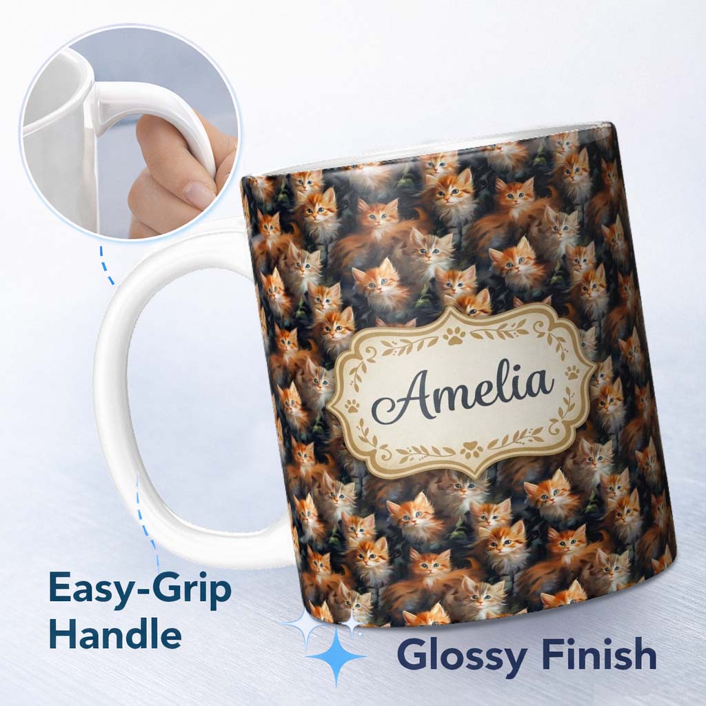 Personalized Custom Name Fluffy Orange Kittens Seamless Pattern Dark Artistic Background 11oz Ceramic Coffee Tea Mug White Large Handle