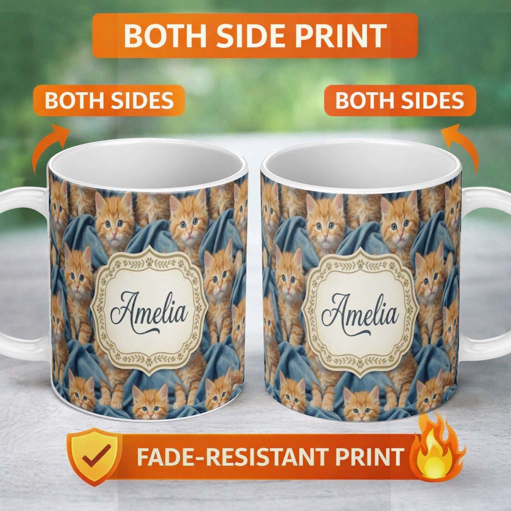Personalized Custom Name Painterly Orange Kitten Cluster Seamless Pattern Rich Texture 11oz Ceramic Coffee Tea Mug White Large Handle