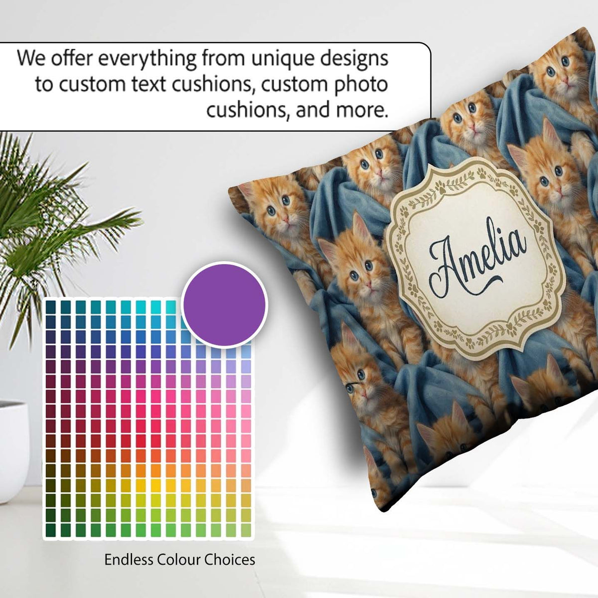 Custom Name Painterly Orange Kitten Cluster Pattern Rich Texture Square Filled Cushion Throw Pillow Sofa Bed Home Decor Zip Washable UK Made