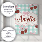 Personalised Name Cherry Bow Ribbon Cute Mint Gingham Picnic Check Custom  Unique Canvas Wall Art Print Decor Picture Ready to Hang