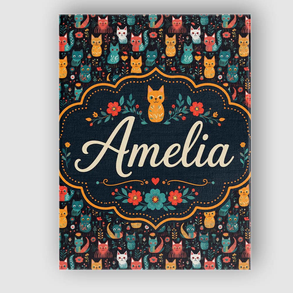 Personalised Name Cute Folk Cats Custom Bespoke  Unique Gift Idea Elegant Feature Canvas Wall Art Print Decor Picture Ready to Hang