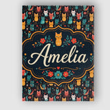 Personalised Name Cute Folk Cats Custom Bespoke  Unique Gift Idea Elegant Feature Canvas Wall Art Print Decor Picture Ready to Hang
