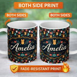 Personalized Custom Name Cute Folk Art Cats Seamless Pattern Night Background Colorful 11oz Ceramic Coffee Tea Mug White Large Handle