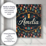 Personalised Name Cute Folk Cats Custom Bespoke  Unique Gift Idea Elegant Feature Canvas Wall Art Print Decor Picture Ready to Hang