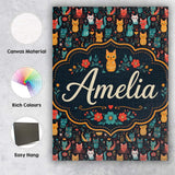 Personalised Name Cute Folk Cats Custom Bespoke  Unique Gift Idea Elegant Feature Canvas Wall Art Print Decor Picture Ready to Hang