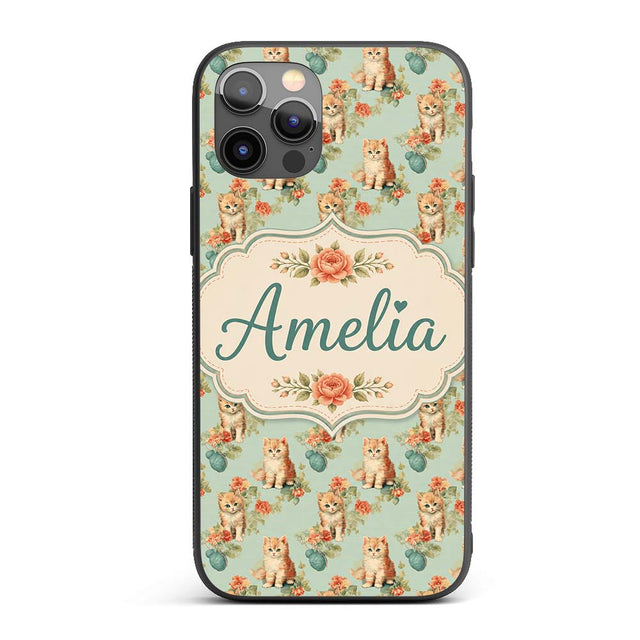 Cute Kitten with Yarn and Flowers Printed Design Custom Name Protective Phone Case Mobile Cover Durable Everyday Smartphone Shock Resistant