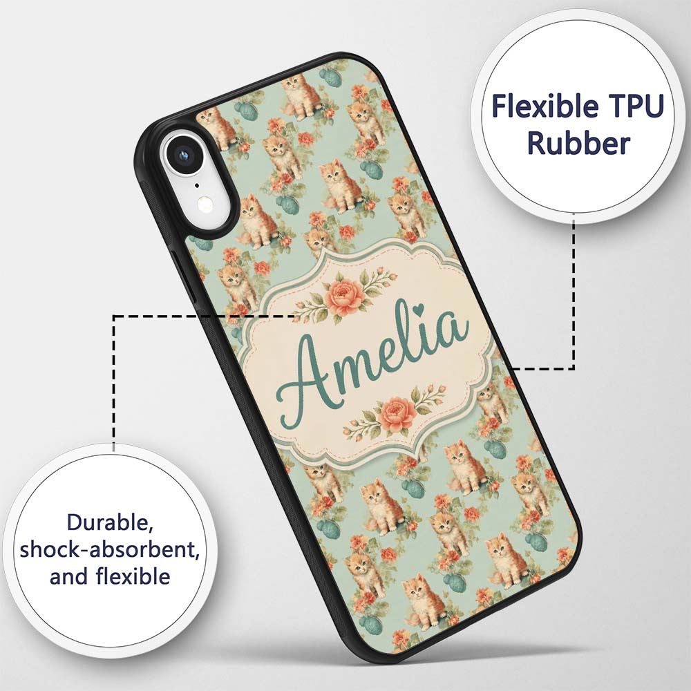Cute Kitten with Yarn and Flowers Printed Design Custom Name Protective Phone Case Mobile Cover Durable Everyday Smartphone Shock Resistant