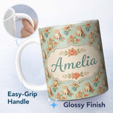 Personalized Custom Name Cute Kitten with Yarn and Flowers Seamless Pattern Soft Vintage 11oz Ceramic Coffee Tea Mug White Large Handle