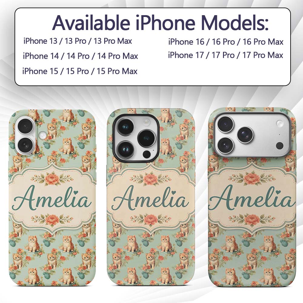 Cute Kitten with Yarn and Flowers Printed Design Custom Name Protective Phone Case Mobile Cover Durable Everyday Smartphone Shock Resistant