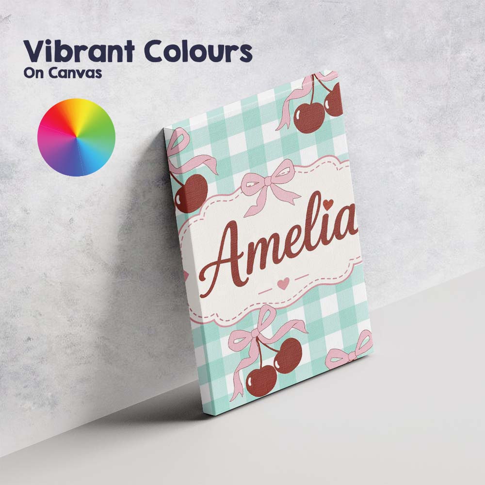 Personalised Name Cherry Bow Ribbon Cute Mint Gingham Picnic Check Custom  Unique Canvas Wall Art Print Decor Picture Ready to Hang