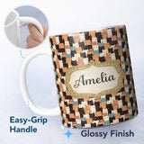 Personalized Custom Name Cute Cartoon Cats Crowd Seamless Pattern Warm Neutral Tones 11oz Ceramic Coffee Tea Mug White Large Handle