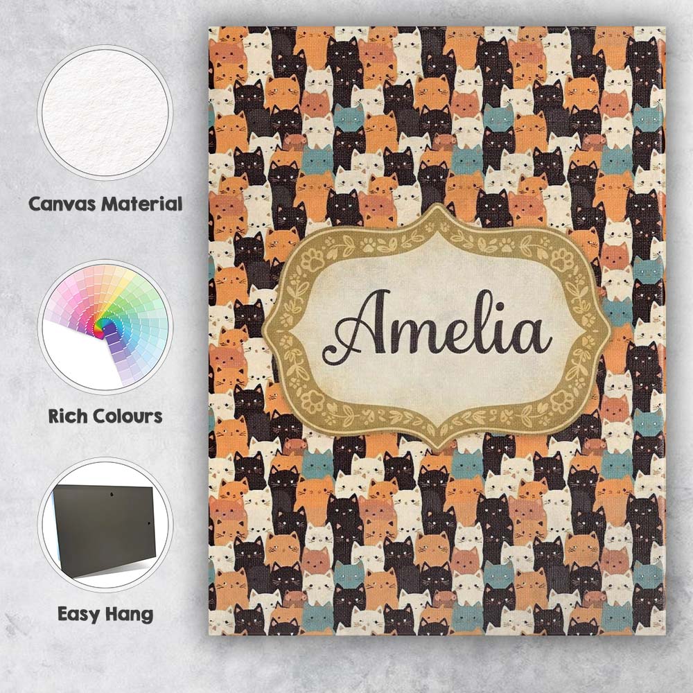 Personalised Name Cute Cartoon Cats Crowd Custom  Unique Gift Idea Elegant Feature Canvas Wall Art Print Decor Picture Ready to Hang