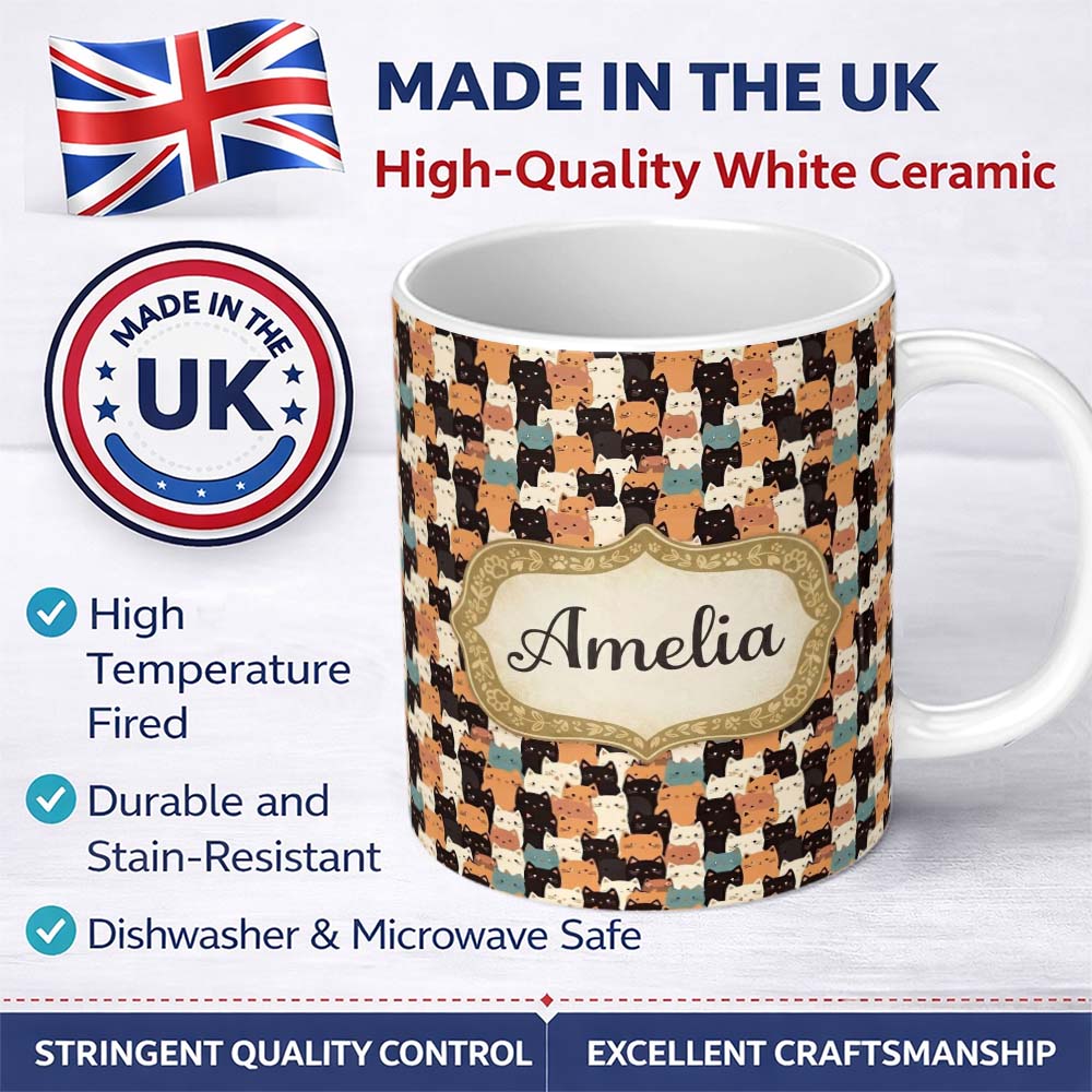 Personalized Custom Name Cute Cartoon Cats Crowd Seamless Pattern Warm Neutral Tones 11oz Ceramic Coffee Tea Mug White Large Handle