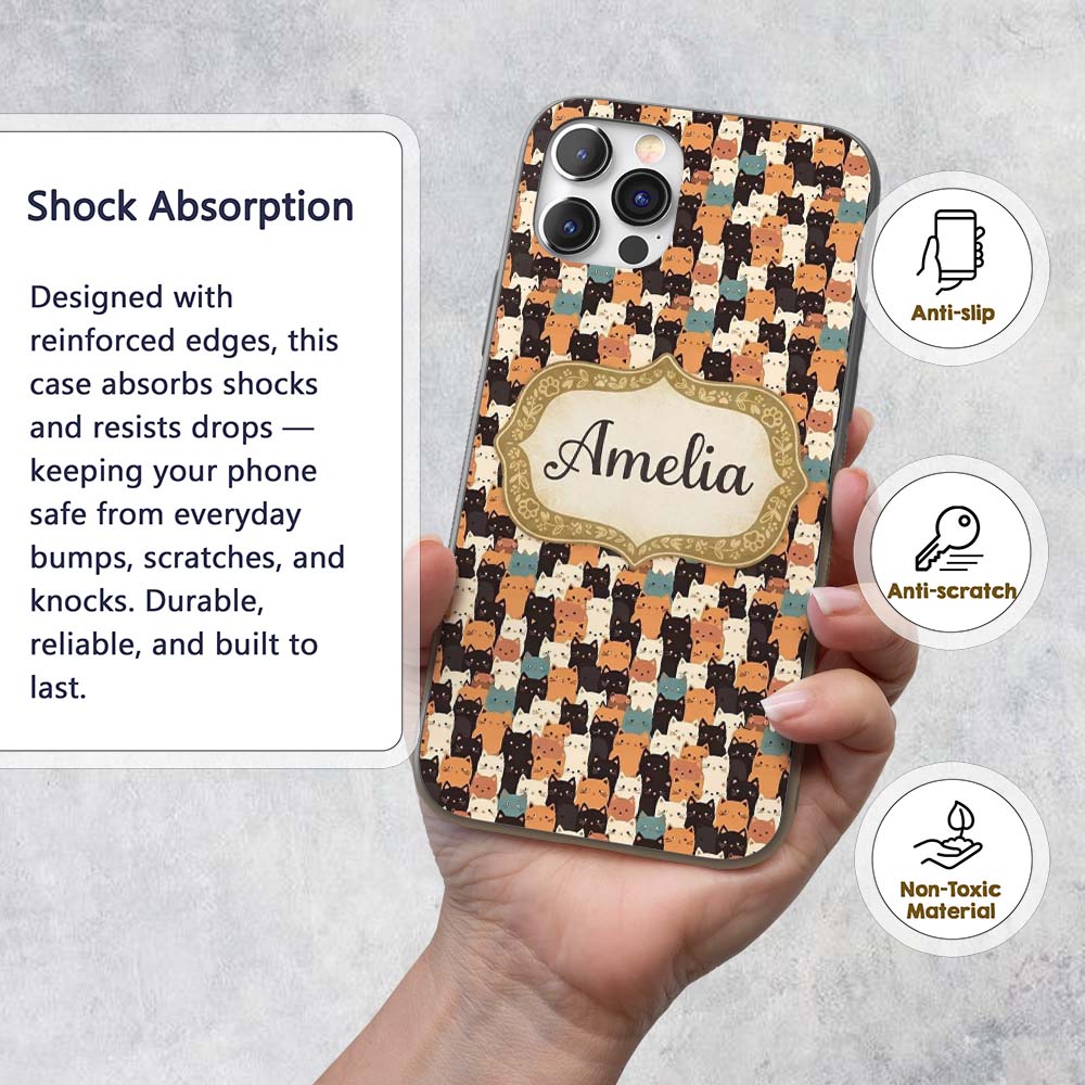 Cute Cartoon Cats Crowd Seamless Pattern Warm Custom Name Protective Phone Case Mobile Cover Durable Everyday Smartphone Shock Resistant