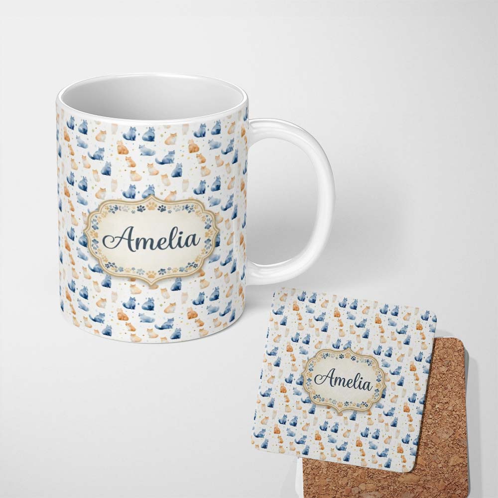 Personalized Custom Name Soft Watercolor Blue and Ginger Cats Seamless Pattern Minimal White 11oz Ceramic Coffee Tea Mug White Large Handle