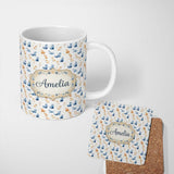 Personalized Custom Name Soft Watercolor Blue and Ginger Cats Seamless Pattern Minimal White 11oz Ceramic Coffee Tea Mug White Large Handle