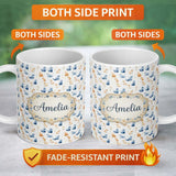 Personalized Custom Name Soft Watercolor Blue and Ginger Cats Seamless Pattern Minimal White 11oz Ceramic Coffee Tea Mug White Large Handle