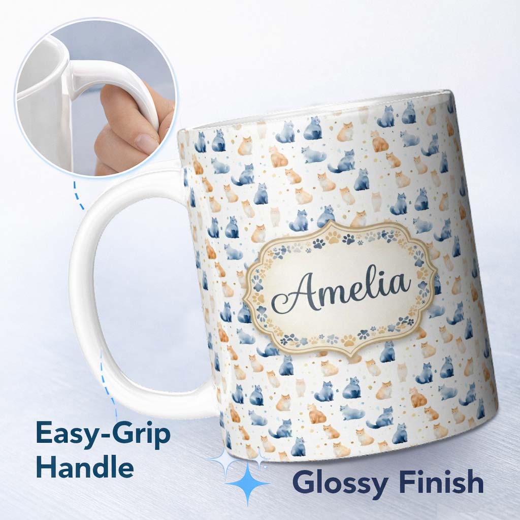Personalized Custom Name Soft Watercolor Blue and Ginger Cats Seamless Pattern Minimal White 11oz Ceramic Coffee Tea Mug White Large Handle