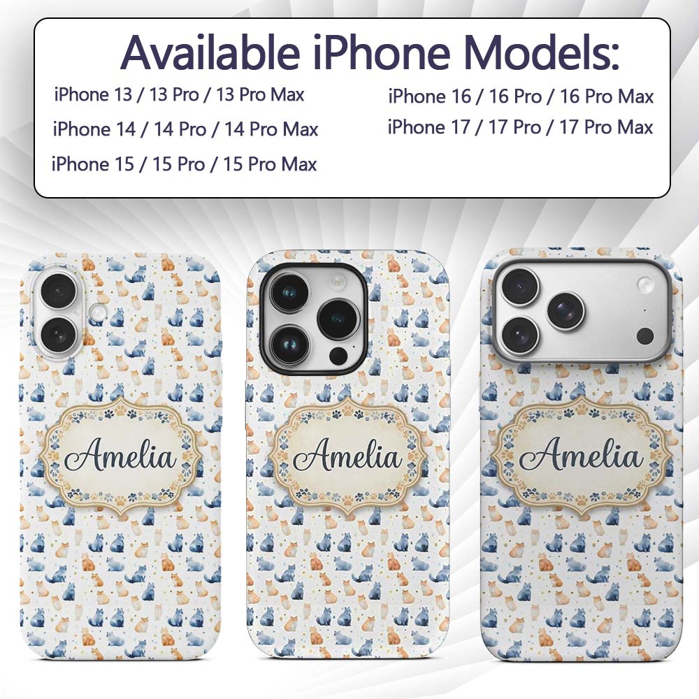 Soft Watercolor Blue and Ginger Cats Seamless Custom Name Protective Phone Case Mobile Cover Durable Everyday Smartphone Shock Resistant