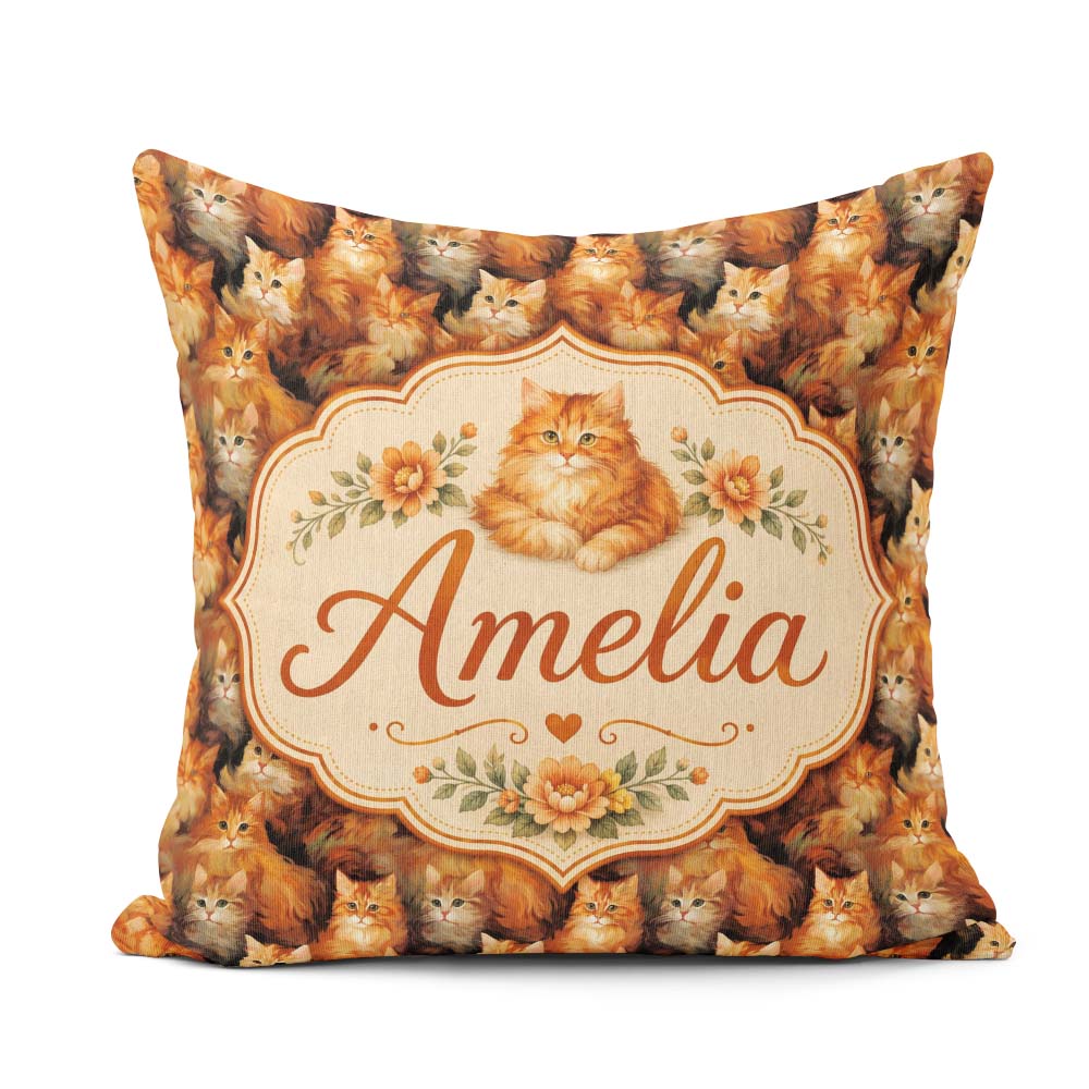 Custom Name Fluffy Cats Painterly Seamless Pattern Rich Texture Square Filled Cushion Throw Pillow Sofa Bed Home Decor Zip Washable UK Made