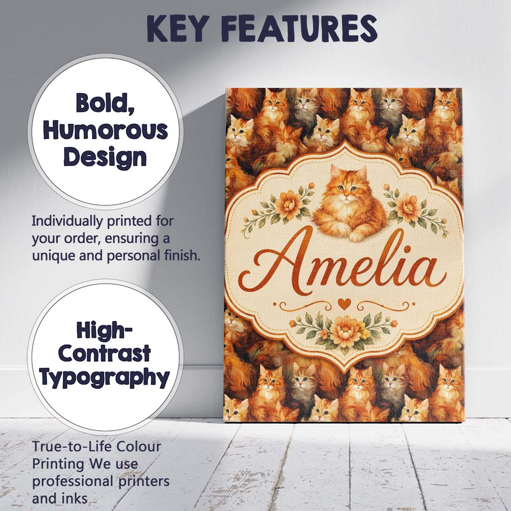 Personalised Name Fluffy Ginger Cats Custom Premium Decorative Design Modern Room Accent Canvas Wall Art Print Decor Picture Ready to Hang