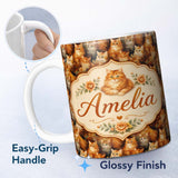 Personalized Custom Name Fluffy Ginger Cats Painterly Seamless Pattern Rich Warm Texture 11oz Ceramic Coffee Tea Mug White Large Handle