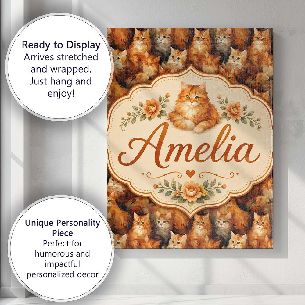 Personalised Name Fluffy Ginger Cats Custom Premium Decorative Design Modern Room Accent Canvas Wall Art Print Decor Picture Ready to Hang