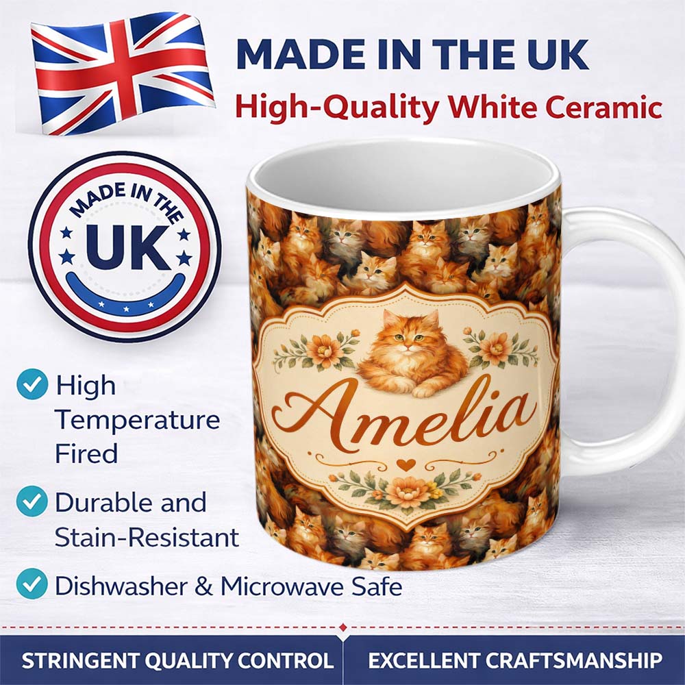 Personalized Custom Name Fluffy Ginger Cats Painterly Seamless Pattern Rich Warm Texture 11oz Ceramic Coffee Tea Mug White Large Handle