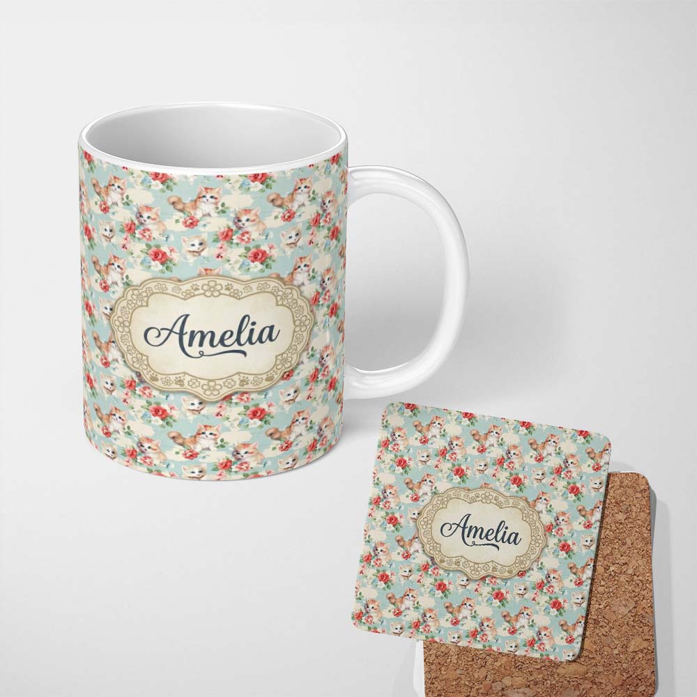 Personalized Custom Name Cute Cream Kittens with Floral Clouds Seamless Pattern Pastel Sky 11oz Ceramic Coffee Tea Mug White Large Handle