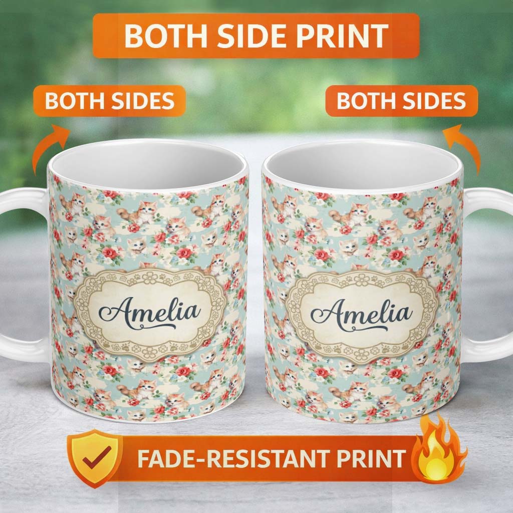 Personalized Custom Name Cute Cream Kittens with Floral Clouds Seamless Pattern Pastel Sky 11oz Ceramic Coffee Tea Mug White Large Handle