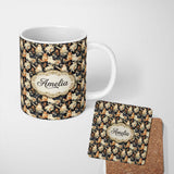 Personalized Custom Name Elegant Cats and Botanical Floral Seamless Pattern Dark Vintage 11oz Ceramic Coffee Tea Mug White Large Handle