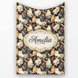 Elegant Cats and Botanical Floral Seamless Pattern Dark Vintage  Personalised Custom Name Super Soft Fleece Blanket Bed Sofa Throw