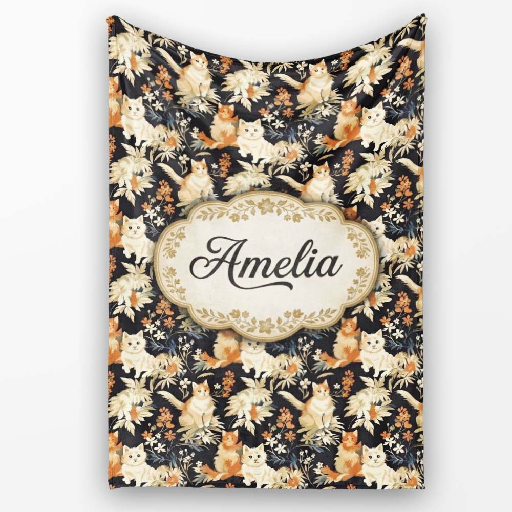 Elegant Cats and Botanical Floral Seamless Pattern Dark Vintage  Personalised Custom Name Super Soft Fleece Blanket Bed Sofa Throw