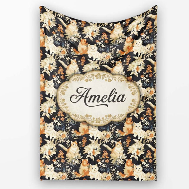 Elegant Cats and Botanical Floral Seamless Pattern Dark Vintage  Personalised Custom Name Super Soft Fleece Blanket Bed Sofa Throw