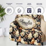 Elegant Cats and Botanical Floral Seamless Pattern Dark Vintage  Personalised Custom Name Super Soft Fleece Blanket Bed Sofa Throw