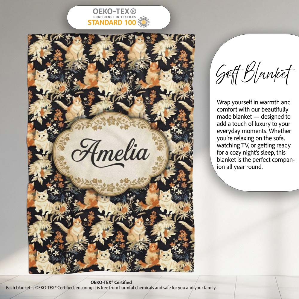 Elegant Cats and Botanical Floral Seamless Pattern Dark Vintage  Personalised Custom Name Super Soft Fleece Blanket Bed Sofa Throw