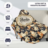 Elegant Cats and Botanical Floral Seamless Pattern Dark Vintage  Personalised Custom Name Super Soft Fleece Blanket Bed Sofa Throw