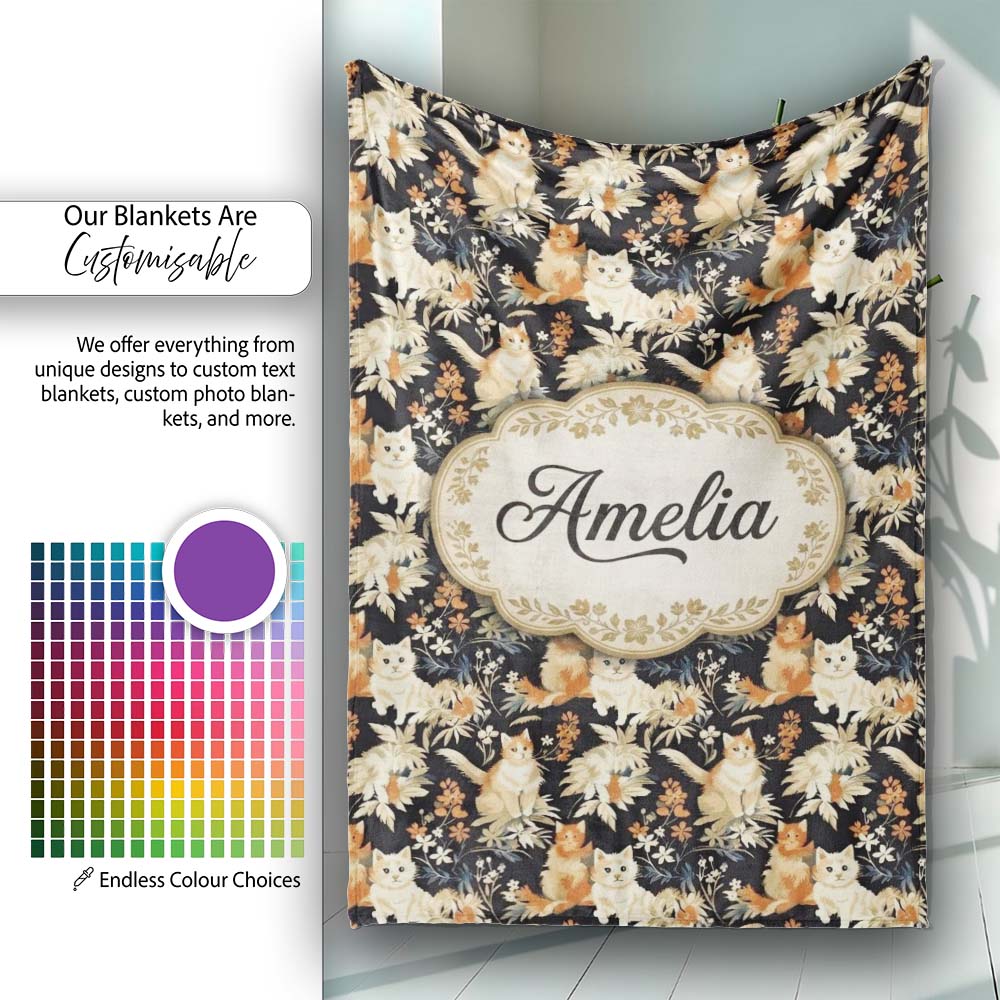 Elegant Cats and Botanical Floral Seamless Pattern Dark Vintage  Personalised Custom Name Super Soft Fleece Blanket Bed Sofa Throw
