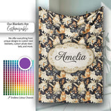 Elegant Cats and Botanical Floral Seamless Pattern Dark Vintage  Personalised Custom Name Super Soft Fleece Blanket Bed Sofa Throw