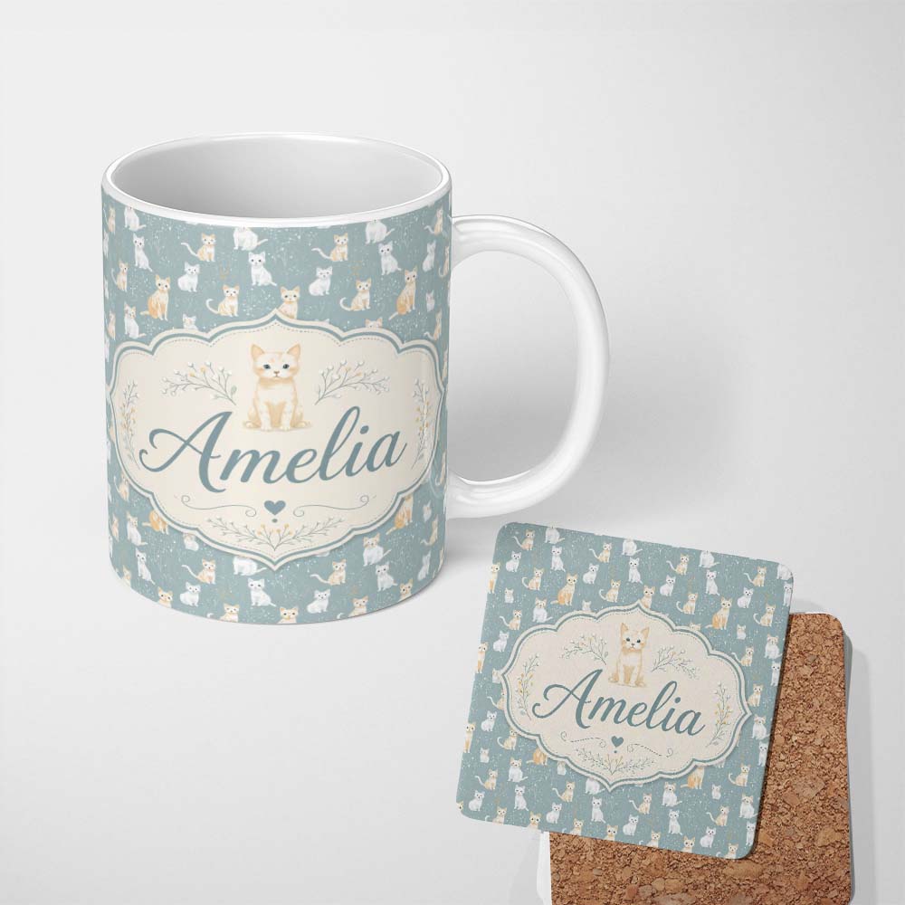 Personalized Custom Name Minimal Cute Cats Meadow Seamless Pattern Soft Green Nature 11oz Ceramic Coffee Tea Mug White Large Handle