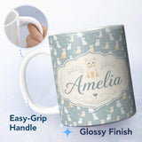 Personalized Custom Name Minimal Cute Cats Meadow Seamless Pattern Soft Green Nature 11oz Ceramic Coffee Tea Mug White Large Handle